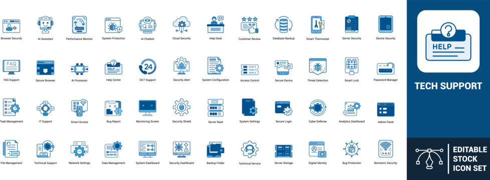 Tech support line art icons set help desk, IT support, AI assistant, customer service, security shield, system settings, cloud security, database backup, Web icon, App icon, Outline icon, Editable str
