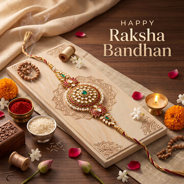 Traditional indian raksha bandhan ceremony arrangement with decorative wristband prayer items flowers and candle on wooden table