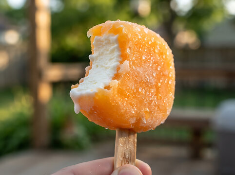 A refreshing orange cream popsicle with a bite taken out of it held outdoors.