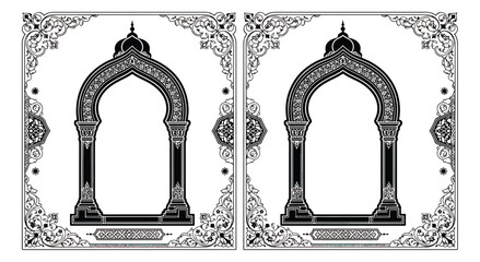 Islamic arch frame vector set, traditional Arabic window border with floral ornaments, elegant black and white oriental gate design for invitations © Abdul