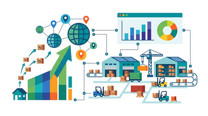 Naklejka premium Global E-commerce Logistics and Supply Chain Management Operations with Digital Data Visualization and Warehouse Automation Technologies
