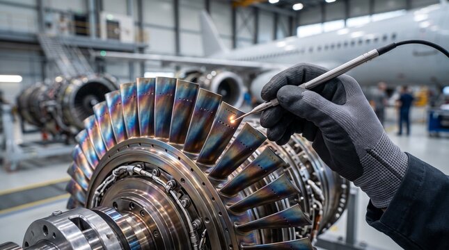 Aerospace Technician Inspecting Turbine Engine Blades with Probe