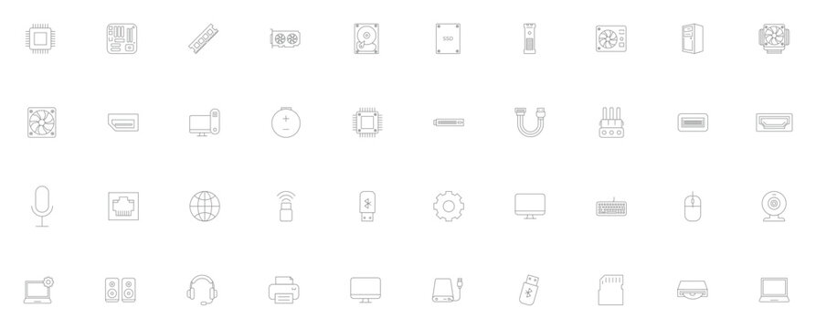 Computer Hardware Components Line Icons Set &ndash; CPU, GPU, RAM, SSD, Motherboard, Monitor, Keyboard and Peripheral Technology Outline Vector Collection