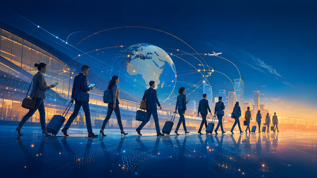 International Business Travel Network &ndash; Professionals with Luggage at Global Airport and Connected Flight Routes