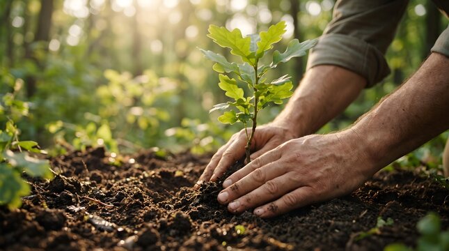 Close up of hands planting a young green sapling in fertile soil