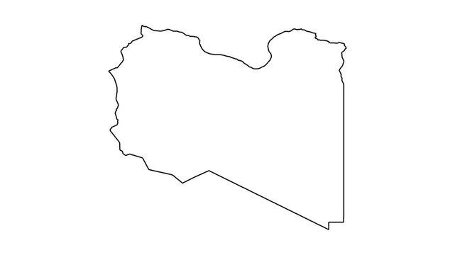 Outline of libya appears on white background motion graphic animation line drawing.