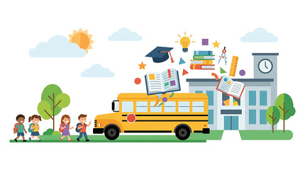 Naklejka premium Happy children with backpacks eagerly boarding a bright yellow school bus outside a modern school building with a blue sky and fluffy clouds overhead symbolizing education and learning adventures