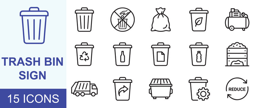 15 Trash Bin Line Icons: Editable Stroke Vector Collection for Waste Management, Recycling & Clean U