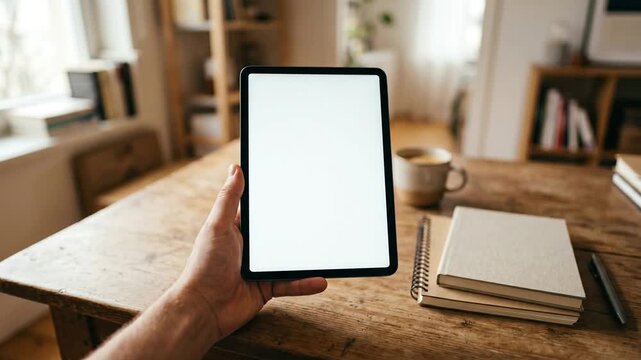 Person holding a tablet with a blank white screen at a wooden office desk