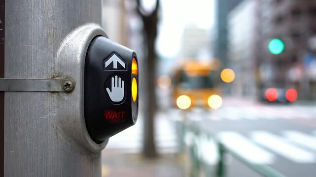 Macro Close-Up of a Finger Pressing a Pedestrian Crossing Button in Urban Environment Activating Traffic Signal Alert