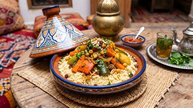 Traditional moroccan tagine dish served on ornate mosaic tabletop with moroccan traditional vegetables mediterranean culinary delicious