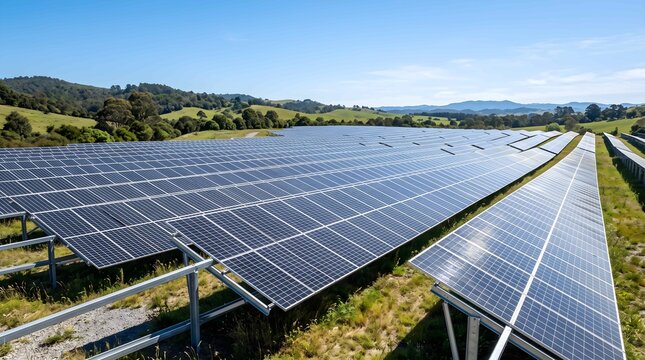 Solar panel farm in a rural landscape for renewable energy