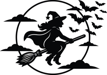 Fototapeta premium Black silhouette of a witch flying on a broomstick with bats
