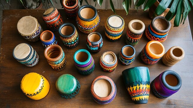 Collection of handcrafted colorful calabashes and drums on wooden table