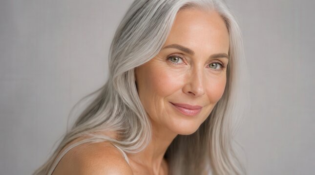 Portrait of beautiful mature woman with silver hair, concept of elegant healthy aging and grace