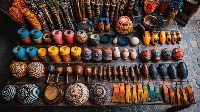 Vibrant Display of Traditional Crafts and Colorful Handmade Souvenirs on Wooden Table