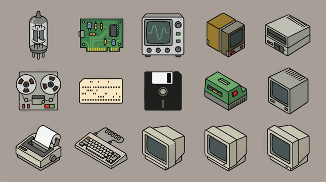 Retro Computer Components Vector Icon Sheet with Flat and Isometric Illustrations of Vintage Technology, Including Vacuum Tube, Circuit Board, Oscilloscope, Floppy Disk, and Monitors