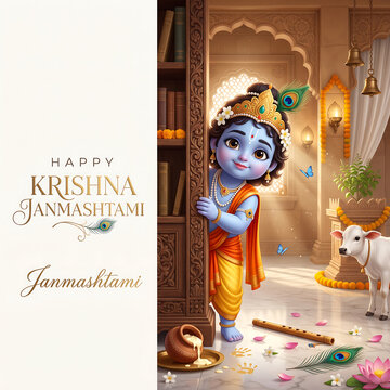 Celebratory child figure in traditional attire holding door frame with sacred cow with dressed ornate traditional decorated indoor setting setting filled cultural