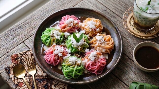 Traditional tri-color Indonesian sweet rice flour noodle cake, Putu Mayang, served with grated coconut, palm sugar syrup, and iced cendol drink on a rustic wooden table.