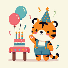 Fototapeta premium Cute Cartoon Tiger Wearing Overalls Celebrating Birthday with Cake and Balloons Vector Illustration