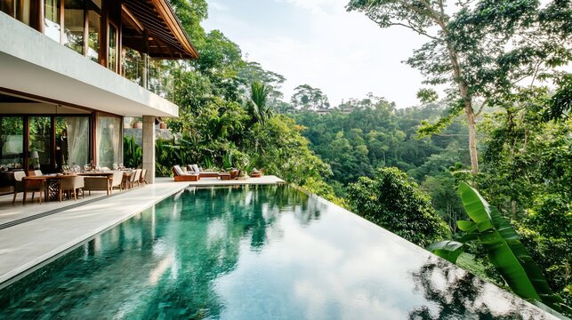 Luxury villa with infinity pool overlooking a lush green valley in Bali