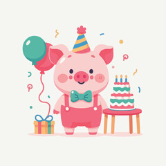 Fototapeta premium Cute Cartoon Pig Birthday Party with Cake, Balloons and Gift Vector Illustration