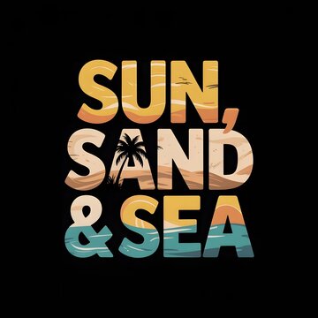 Sun, Sand & Sea &ndash; Tropical Beach Typography Design, Summer Vacation, Ocean Coast, Palm Tree, Sandy Shore, Coastal Holiday, Travel Quote, Black Background, Printable Graphic, Relaxation Theme & Decor