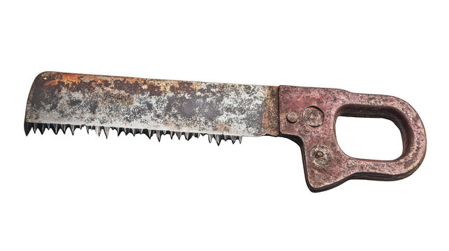 Industrial hand saw in close-up. Heavy-duty woodworking tool for carpenters and craftsmen.