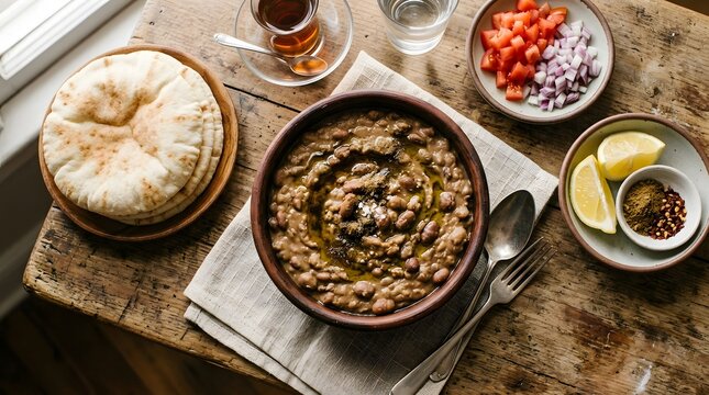 Traditional fava bean stew in earthenware bowl with flatbread and fresh vegetable sides on wood