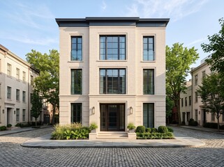 Fototapeta premium Light brick townhouse front on cobblestone street in daylight