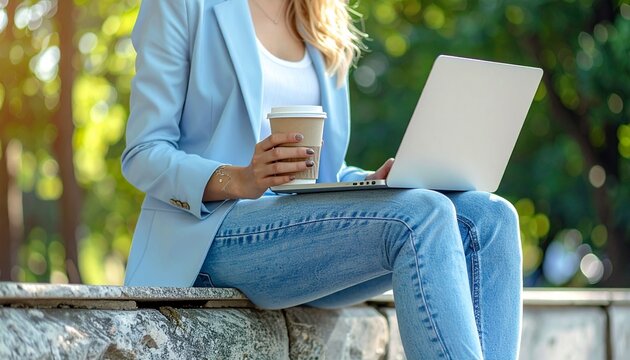 Lifestyle shot of a person in a light blue blazer and denim jeans, sitting outdoors on a stone ledge. Holding a silver laptop and a coffee to-go cup