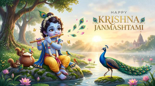 Digital illustration celebrating janmashtami with child deity playing flute surrounded by peacock with rock surrounded nature depicts blue skinned