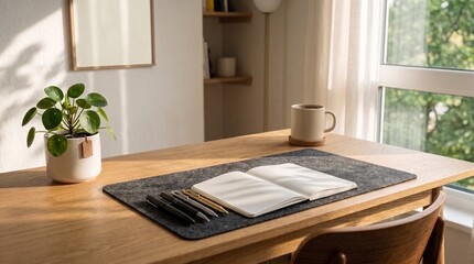 Fototapeta premium Minimalist home office desk setup with open blank notebook, pens, potted plant, and coffee mug in warm morning sunlight