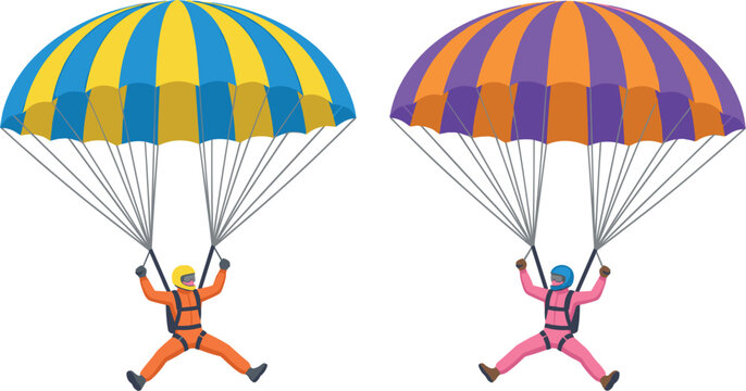 Two skydivers flying with colorful parachutes flat cartoon illustration isolated on white background extreme sports skydive parachuting active recreation vector element