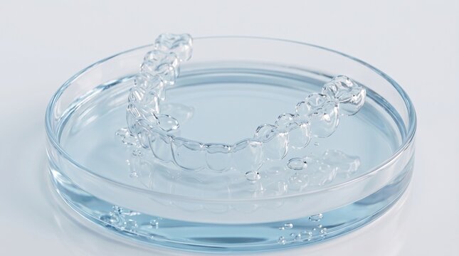 Clear plastic orthodontic retainers in a glass bowl with water, dental hygiene care, aligner cleaning routine