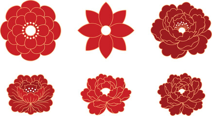 Obraz premium Red Chinese paper cut flowers collection with intricate traditional oriental patterns isolated on white background flat vector illustration set for festive decorations