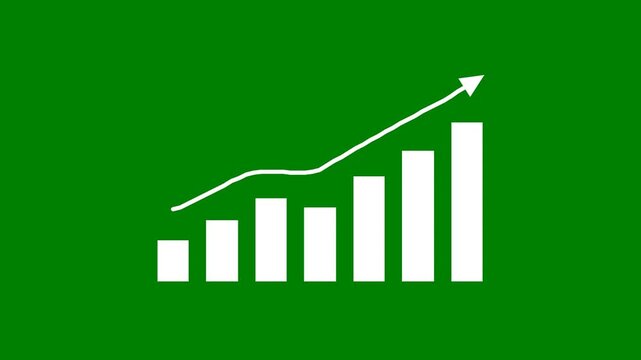 business growth chart illustration. rising bar graph with upward arrow on green background. financial success concept for graphic projects. flat modern vector element
