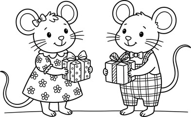  Cute cartoon mouse boy and girl characters exchanging Christmas gifts black and white outline vector illustration coloring page for kids activity book
