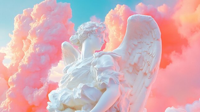 Heavenly guardian, Angel statue amidst dreamy pastel clouds landscape