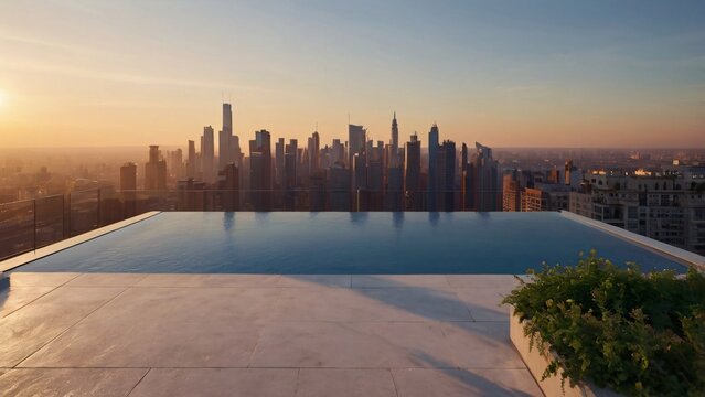 Luxury rooftop infinity pool overlooking urban city skyline at sunset
