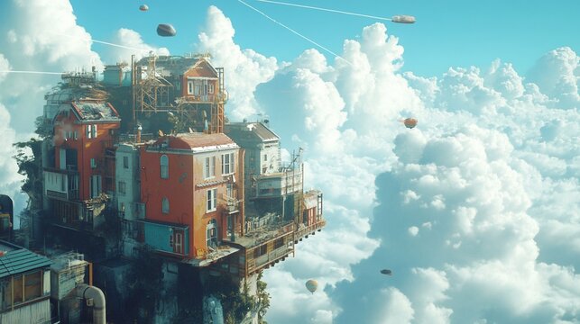 Whimsical Architectural Wonder, A Cliffside Metropolis in the Sky Amidst Dreamy Clouds