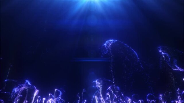 A seamless 4K CGI loop of glowing blue particle formations resembling mysterious deep-sea plants beneath bright underwater light rays. Suitable for ocean environments, bioluminescent scenes, fantasy b