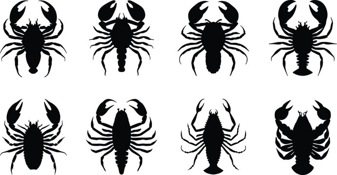 Crab and lobster silhouette icon collection featuring marine crustaceans isolated on white background for seafood nature and wildlife design