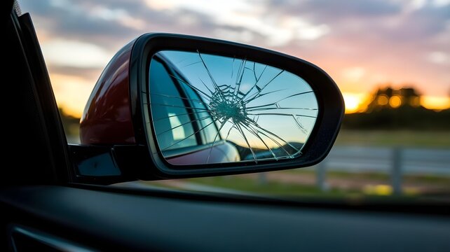 Broken car side mirror with cracked glass reflecting sunset
