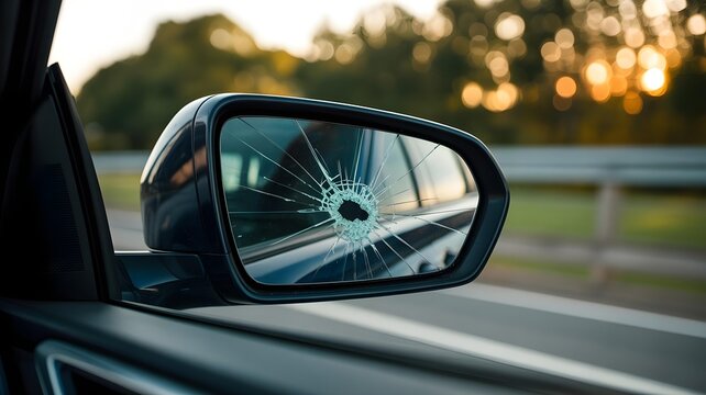 Closeup of car side mirror with cracked glass on road  damaged vehicle part