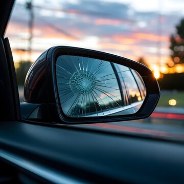 Cracked car side mirror with sunset background  damaged vehicle  transportation issue