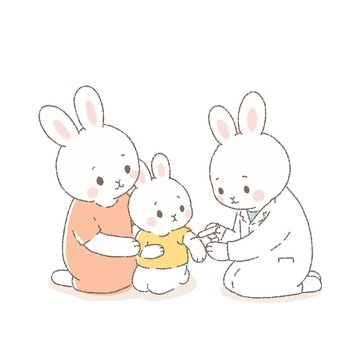 予防接種を受ける子どもと母親・医師のかわいいウサギのイラスト