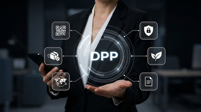 Digital Product Passport DPP concept businesswoman holding virtual icons