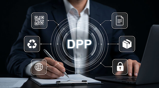 Digital Product Passport DPP concept businessman signing document laptop
