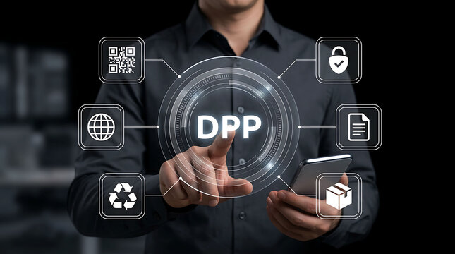 Digital Product Passport DPP concept man touching virtual screen icon